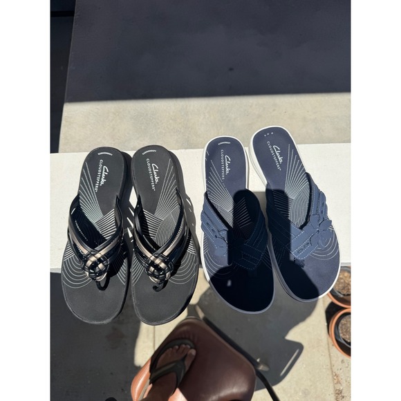 Clarks Shoes - Clarks Cloudsteppers Women Flip Flop Sandals Lot of 2 Navy Floral Black Metallic